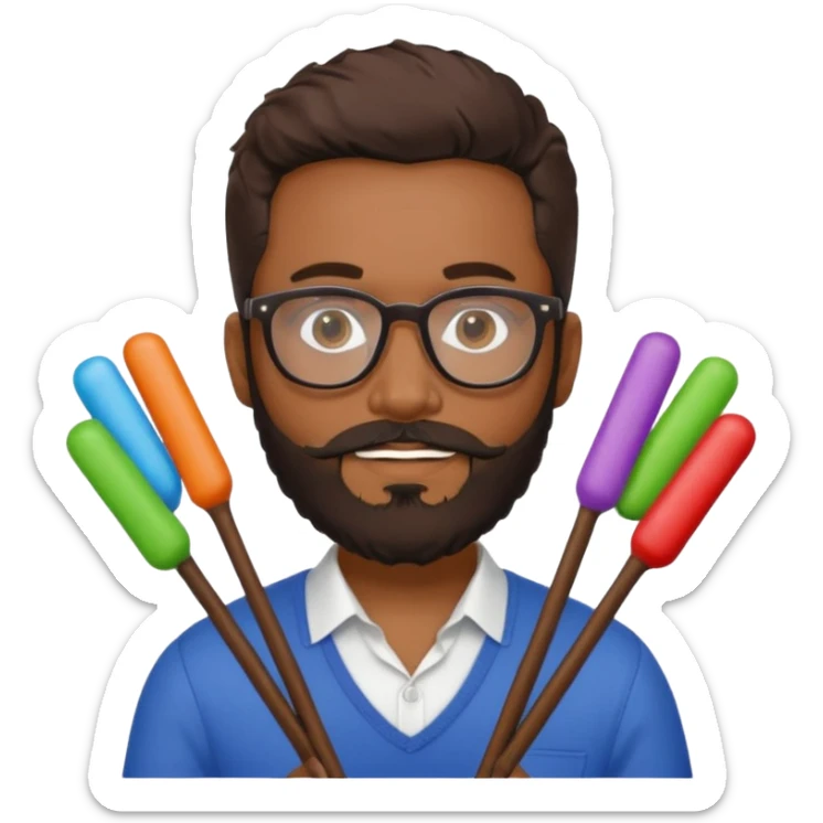 A brown Guy with Cartier style glasses with a beard, holding a bunch of rubber sticks each a different color sticker