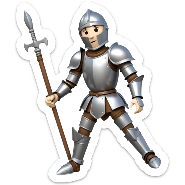 3D render of Knight Puppet as a wooden marionette puppet, Painted silver wood armor, strings, silver metal screw joints at elbows and knees, polished brown wood texture, rigid toy pose, emoji style, isolated on white background --v 6.0. sticker