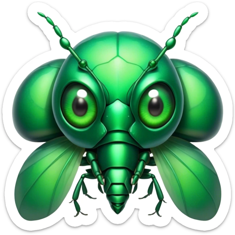 Cinematic Noble Green Bugdie Portrait Emoji, Poised and regal, with a tiny, delicate build and a vibrant, well-detailed emerald exoskeleton, deep-set soulful multifaceted eyes, Simplified yet sharp and sophisticated features, highly detailed, glowing with a soft, dignified glow, high shine, intelligent and alert, stylized with an air of miniature majesty, focused and attentive, soft glowing outline, capturing the essence of a watchful and confident insect, so majestic it feels as though it could scuttle out of the screen with effortless authority! sticker