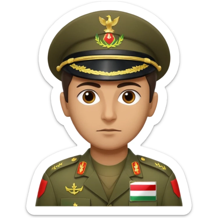 Portrait of an Iranian soldier with an Iranian flag chevron on his shoulder and chest sticker