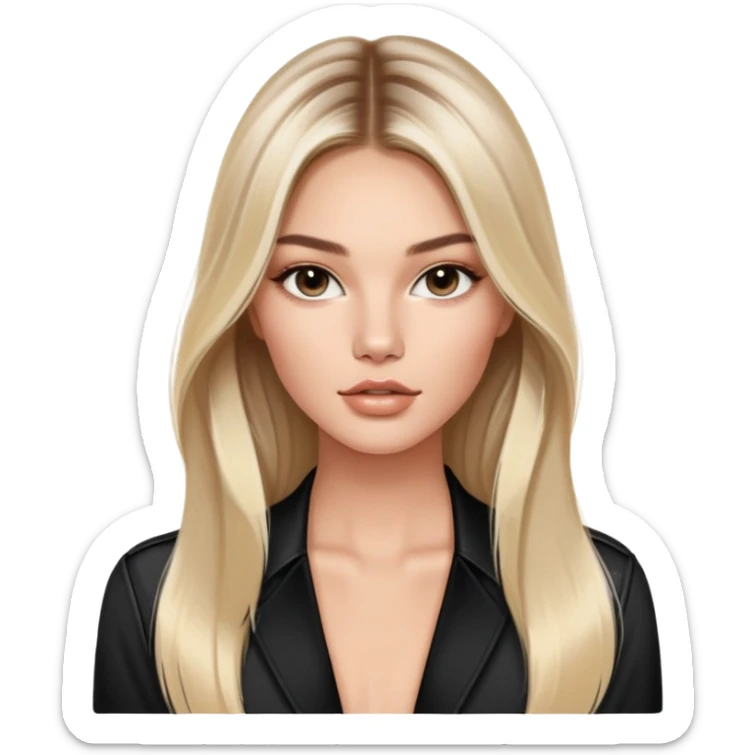 victoria’s secret model with long light blonde straight balayage hair, dark brown almond and small eyes, ovaled face with a refine jawline, small lips sticker