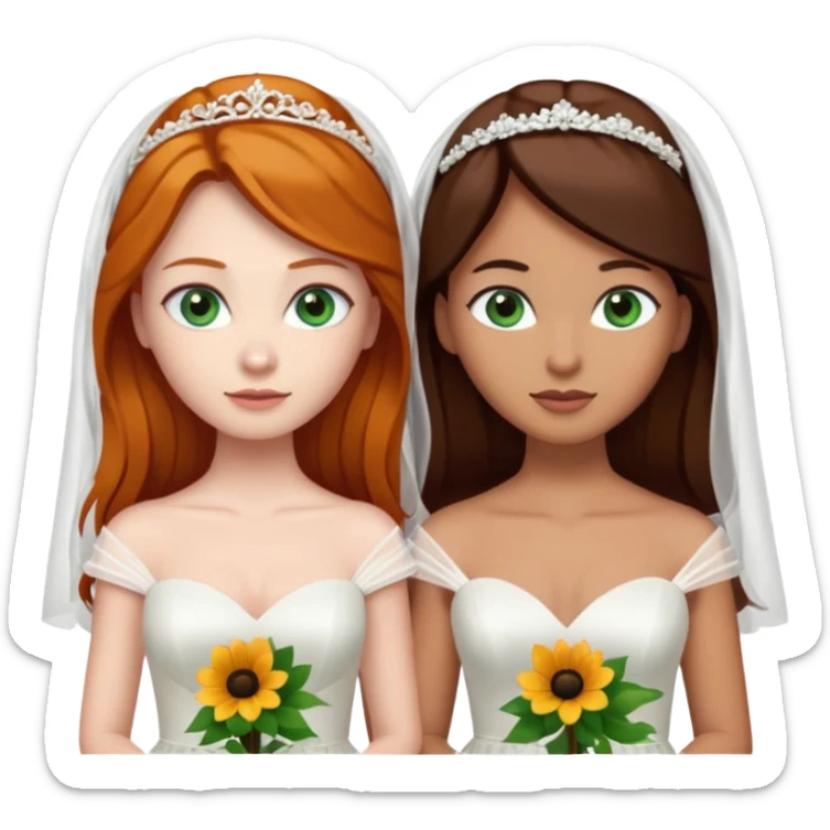 A ginger woman with blue eyes, marrying a taller woman with very dark brown hair and green eyes, both in wedding dresses. sticker