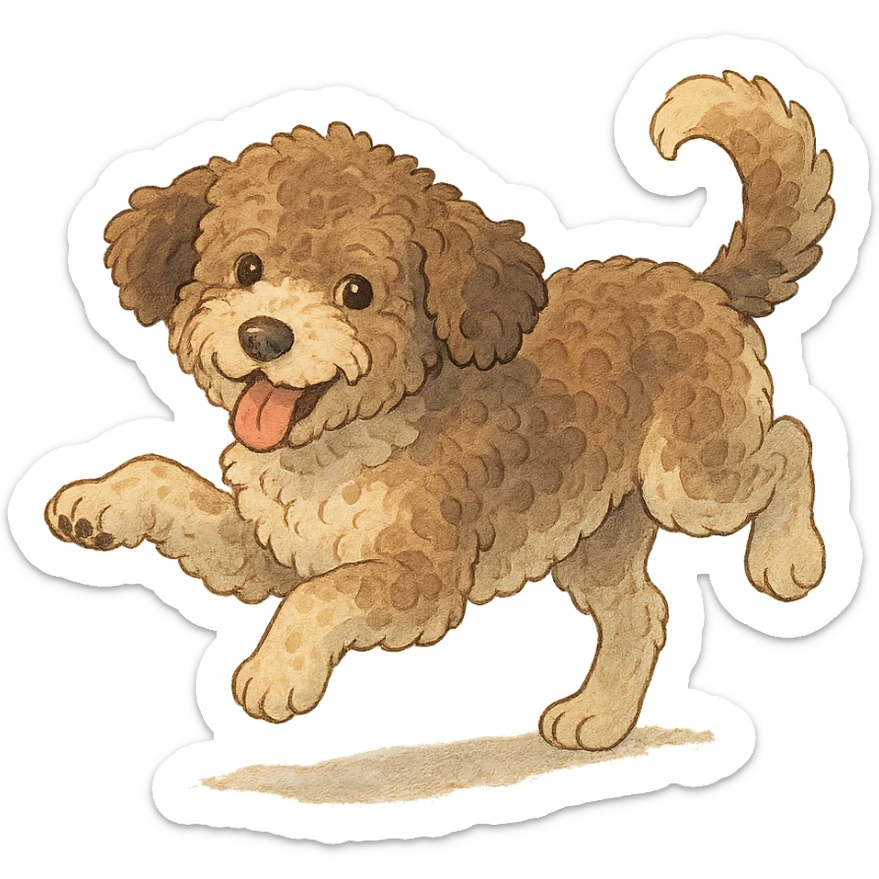 playful pose Lagotto Romagnolo dog, roan coat, gentle lighting, ghibli style sticker