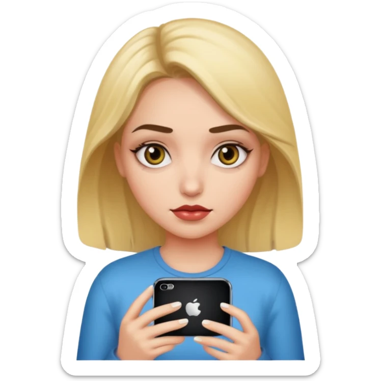 Una chica peligroja que está con ojeras color de piel blanca y tiene en su mano un iPhone 16 sticker