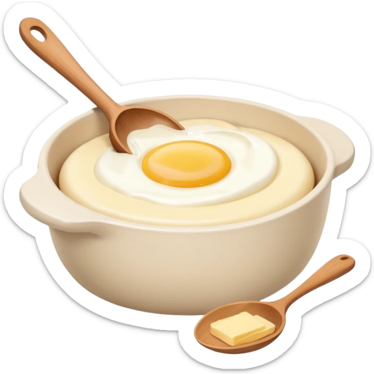A carton of eggs, butter and a cream ceramic baking bowl with a wooden spoon in it sticker