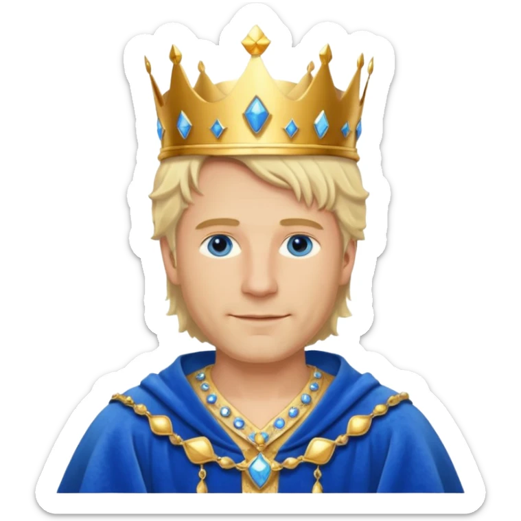 
1 Middle-aged white king, 40 years old, blond hair, blue eyes, kind and benevolent vibe, gentle smile, wearing a crown and blue robe emoji sticker