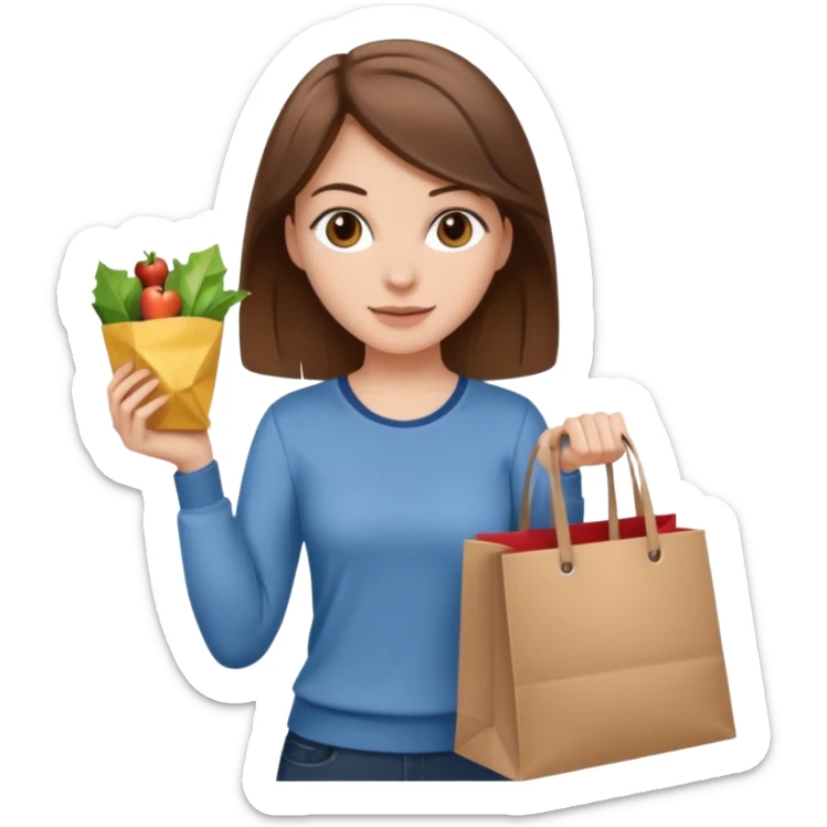 white girl with brown hair brown eyes wearing casual clothes holding shopping bags sticker