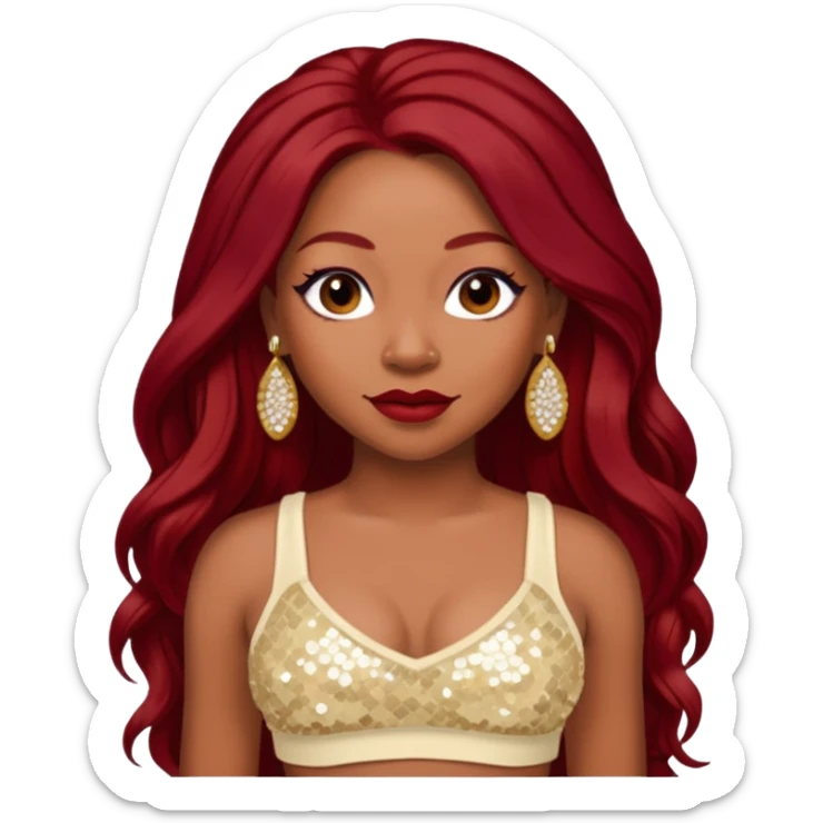 LaTavia Robeson with long dark red hair, ivory sequin crop top, ivory earring sticker