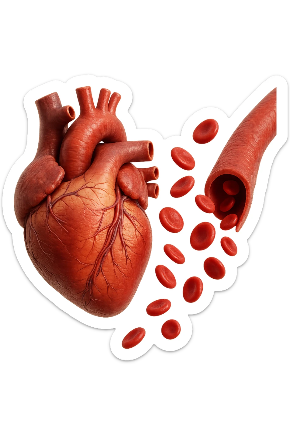 cuore anatomico umano fluttuano in aria insieme ad una vena umana con globuli rossi , iperrealistiche 4k sticker