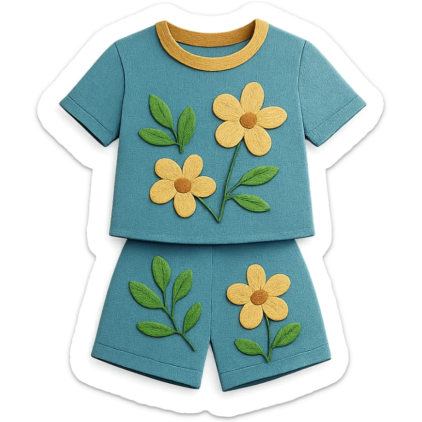 illustration of a women's short and tee shirt set with a floral pattern in paper-craft style sticker