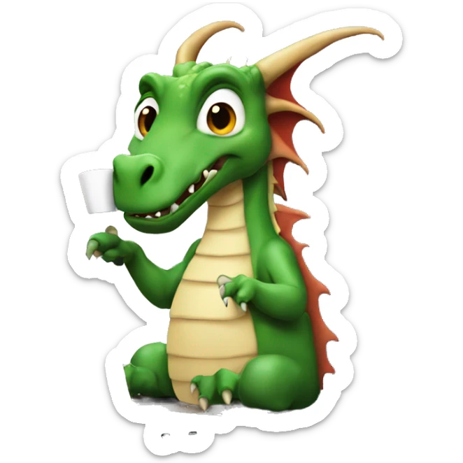 dragon on a laptop, wearing a hump day shirt, with a cup of coffee in hand sticker