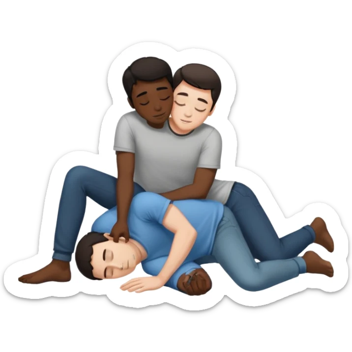 White male dark hair and black adult male naked, spooning on floor.,touching, kissing, in love sticker