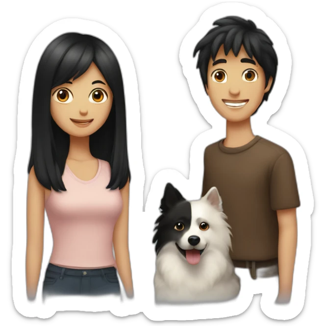 couple, a little Men with Long black hair, a girl with short brown hair ; and black spitz dog sticker