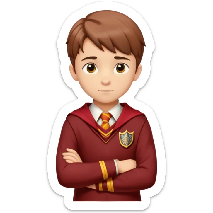 um rapaz jovem um pouco de lado olhando para frente de braços cruzados com o uniforme da grifinoria sticker