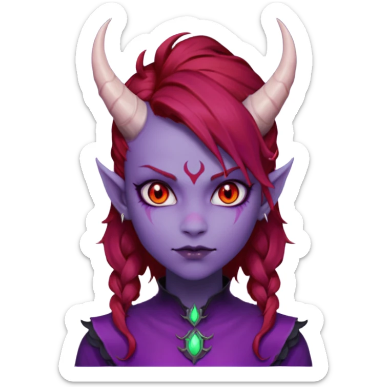 Demon Girl Purple Skin Dragon Horns Black Eyes Red Glowing Pupils Auburn Haired Red Shirt  sticker