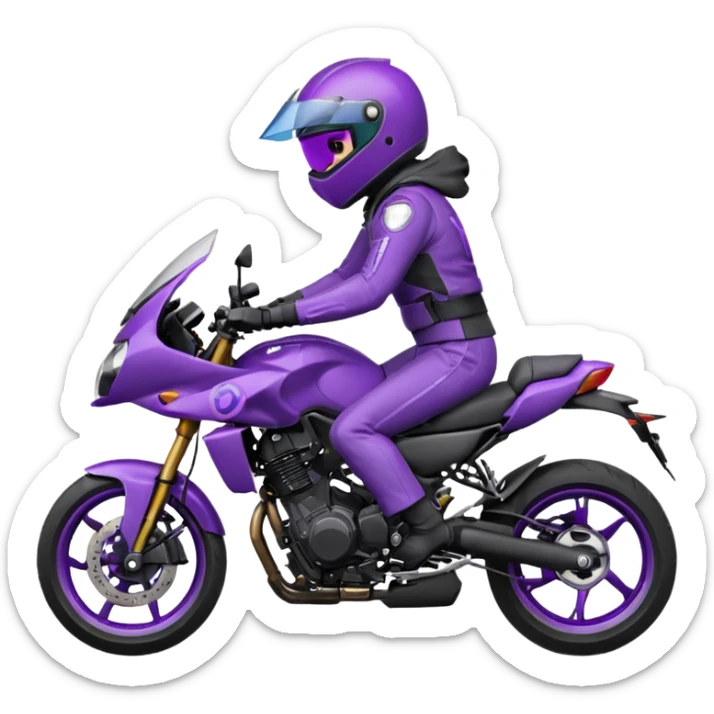 Créer un emoji avec une moto mt07 sport noir mate / violet iridescent très foncé, pare-brise de la moto violet. Avec une pilote dessus, visage masqué par la visière violette . Avec en arrière plan cercle violet. sticker