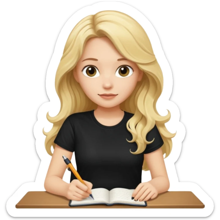 A beautiful blonde with long wavy hair in a black T-shirt sits and writes in a diary with a pen. sticker