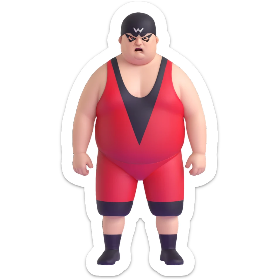 Close-up of white skin fat guy no muscle with prominent black durag, completely shaved face, no beard or mustache, black eyes in a red and black wrestling singlet with angry face sticker