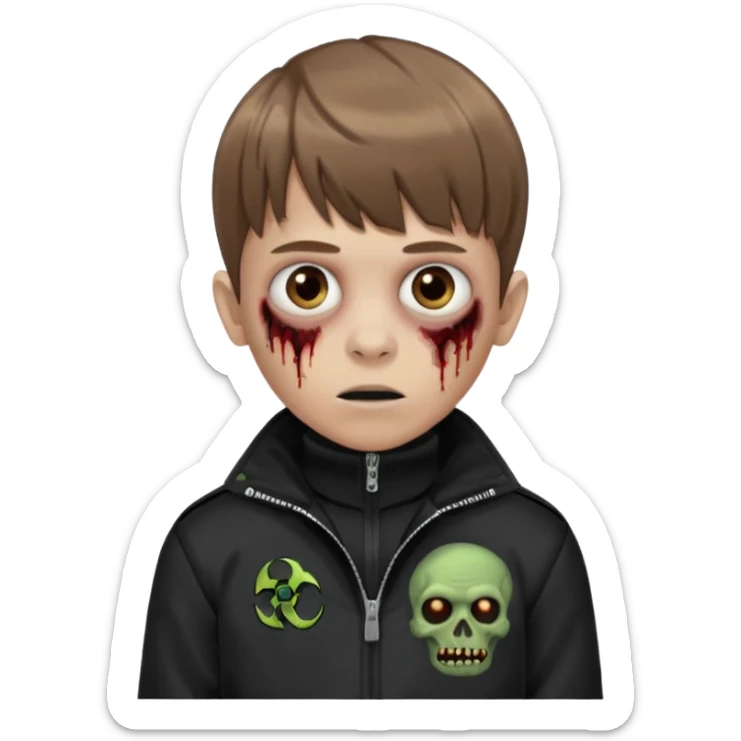 Crie um emoji de um menino com o cabelo castanho claro com uma franja reta e o corte low fade zumbi casaco de gola alta da adidas sticker