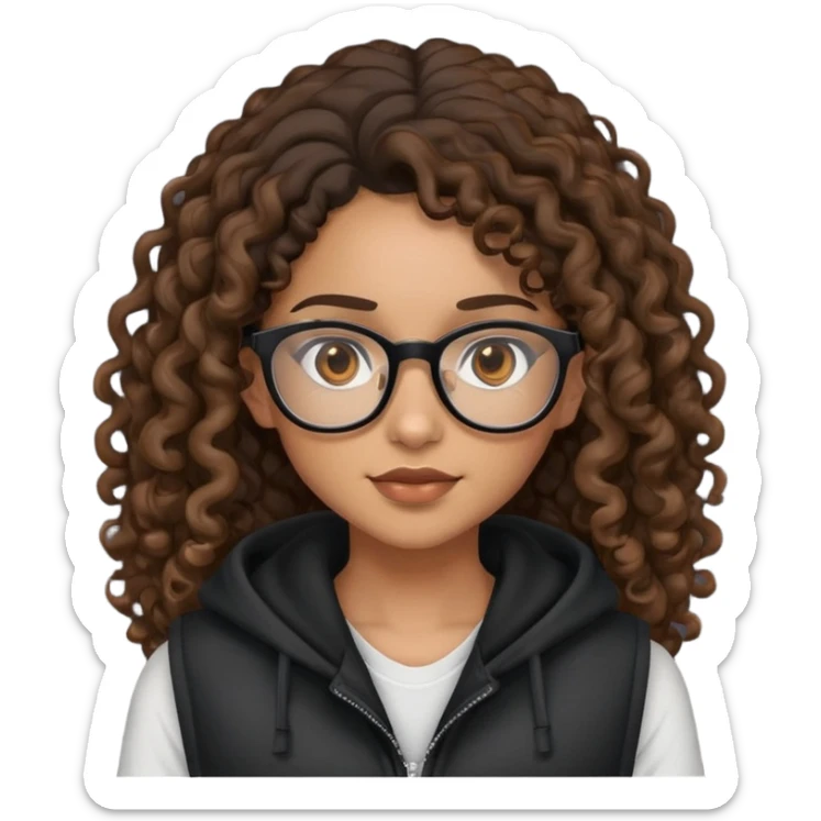 Mixed girl /curly long hair brown / with brown eyes glasses black hood vest  sticker