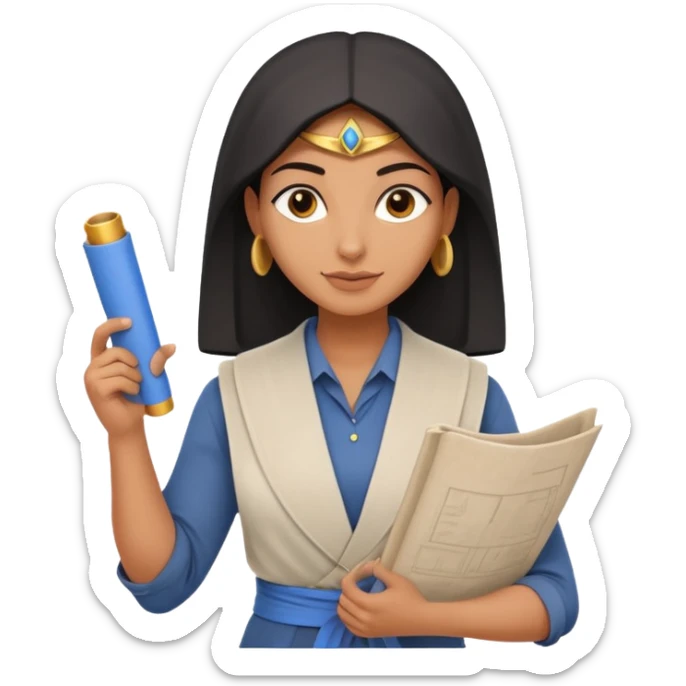 Emoji portrait of an Egyptian architect. Clean clothes, holding a blueprint scroll, confident expression. sticker