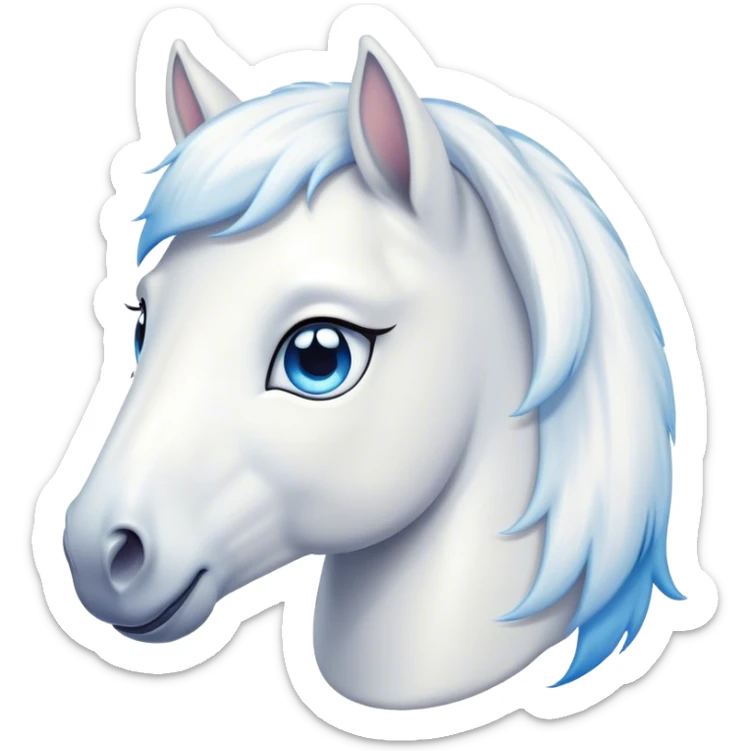 Cinematic Cute White Horse Portrait Emoji, Head tilted playfully and inquisitively, showcasing a glossy white fur with a luminous sheen and gentle, expressive blue eyes, Simplified yet irresistibly adorable features, highly detailed, glowing with a warm, friendly glow, high shine, affectionate and spirited, stylized with a touch of whimsy, bright and endearing, soft glowing outline, capturing the essence of a mischievous yet loving horse, so playful it feels like it could prance out of the screen and into your arms! sticker