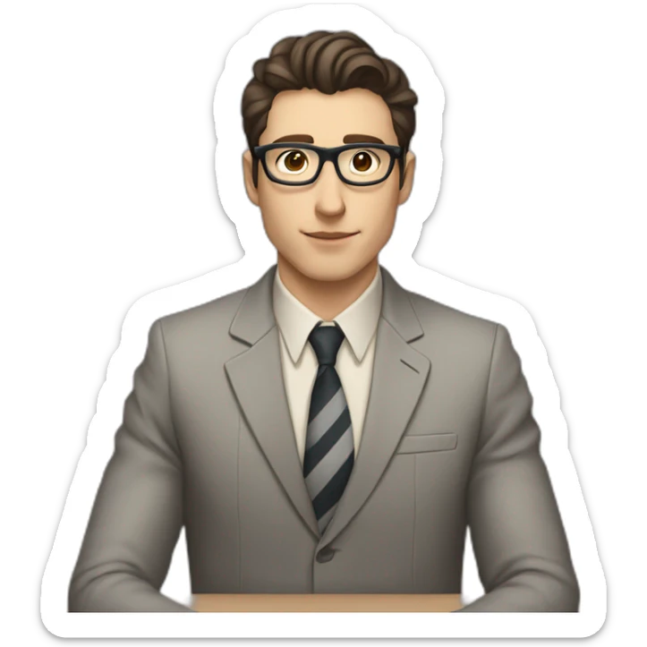 Pale skinned Fit Man With dark brown hair in gray jacket with stripe In the form of emblem Ψ, beige office shirt and vintage glasses Sitting at the table sticker