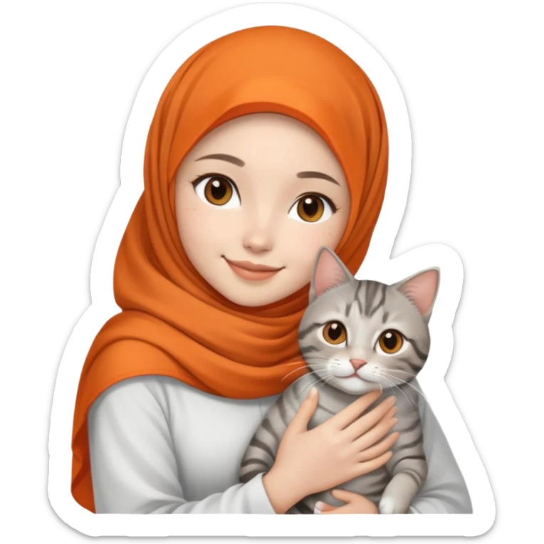 Asian White girl wearing orange hijab and white dress holding a black grey tabby cat while smiling.  sticker