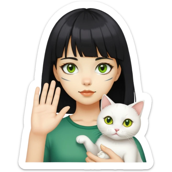 A girl with yellow skin, black medium length hair, bangs, and holding a white cat in her right hand. The cat has one yellow eye and the other green eye sticker