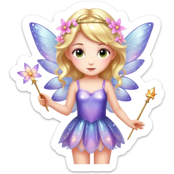 Cute fairy girl with delicate wings, sparkly wand, floral dress, and magical glitter sticker