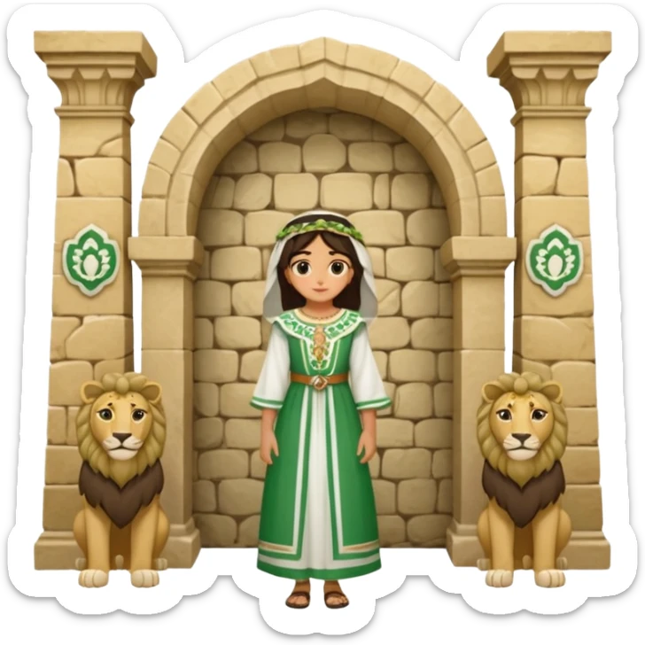 Andalousie drapeau 2 bande verte qui et une bande blanche au milieu avec une femme avec 1 lion de chaque coter d’elle sous un arc en pierre  sticker