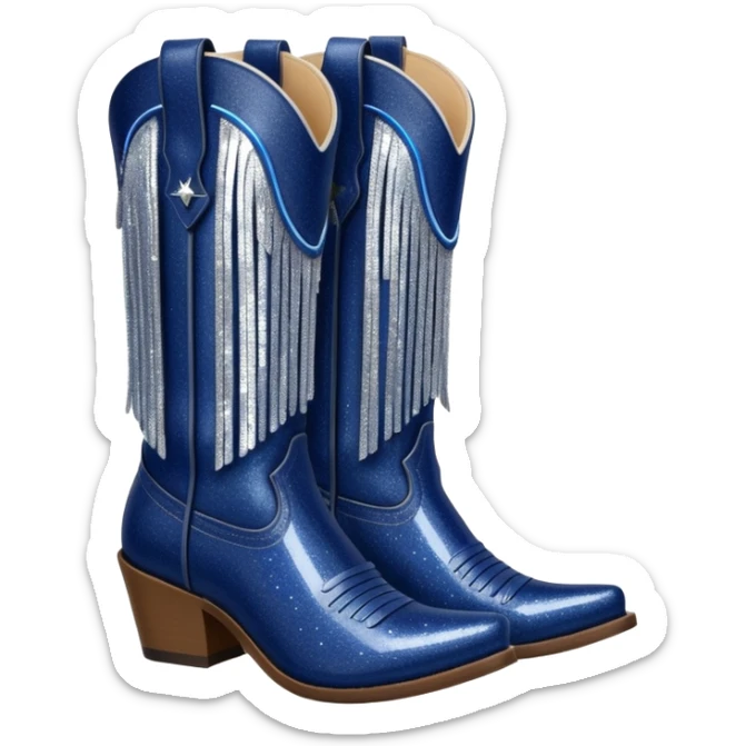 Realistic navy blue fashion cowgirl boots with sparkly shiny glitter fringe sticker