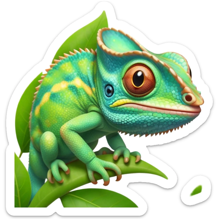 cinematic cute-smiling baby chameleon-realistic emoji,-blending-with-vibrant-greenery.-detailed-scales-in-shifting-colors,-showing-the-chameleon’s-ability-to-camouflage.-soft-natural-light-highlights-its-texture.-light-background, zoomed into its face sticker