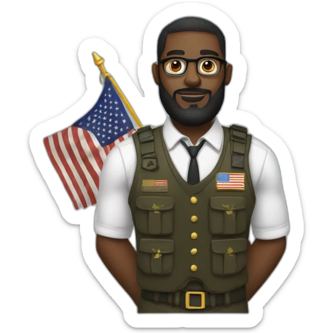black soldier with a long beard, a part in hair, wearing glasses, a white collared shirt, a bow tie, bulletproof vest with an american flag sticker