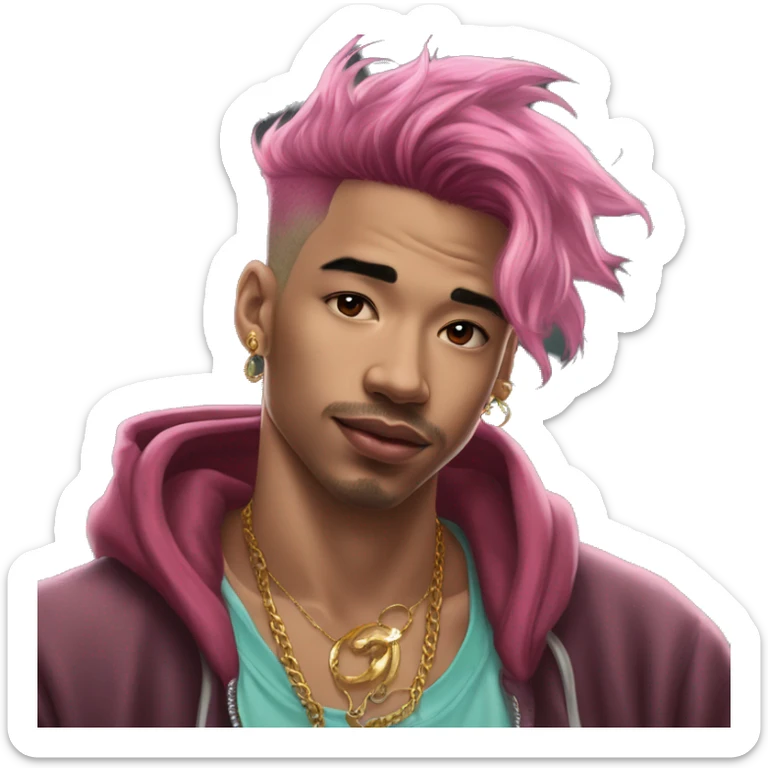 Vintage grunge patina intricate swirls golden sparkle tropical Deep pink maroon burgundy cyan dark hoodie man dyed hair and gold piercings nose piercing ear piercings ice cream  sticker