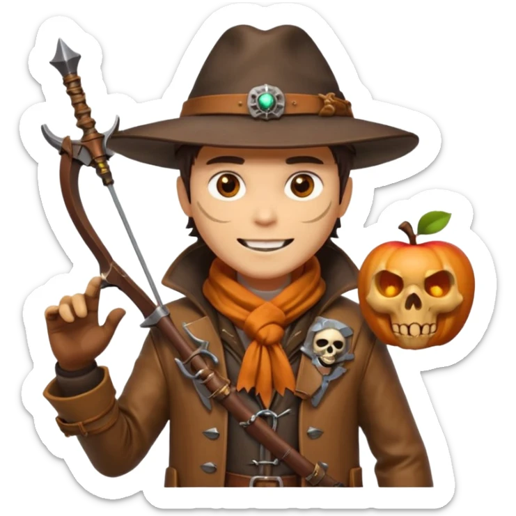 male human monster hunter emoji, wearing brown leather coat and wide hat, holding crossbow, with amulet shaped like skull, Halloween fantasy theme, confident smile, orange scarf, Apple emoji style, clean white background, square image sticker