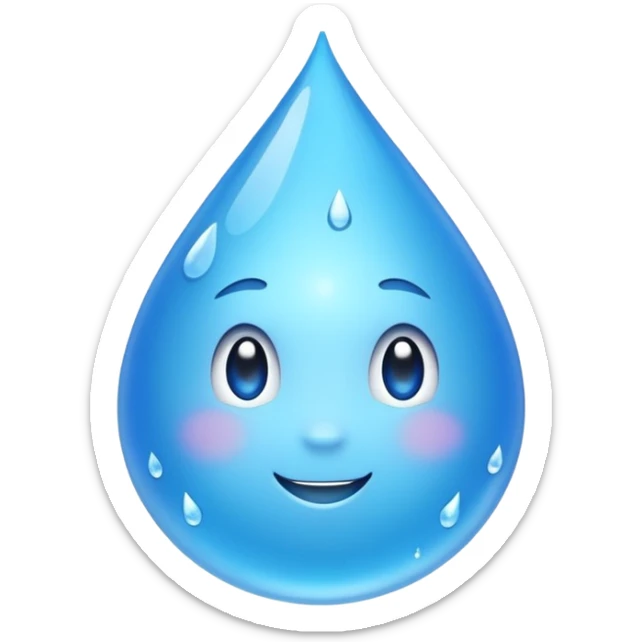Emoji of a water droplet with a fresh, good-tasting feeling, clean and shiny, subtle sparkles or freshness lines, friendly and positive look. Simple emoji style, smooth shapes, bright blue color, transparent background. Suitable for messaging apps| sticker