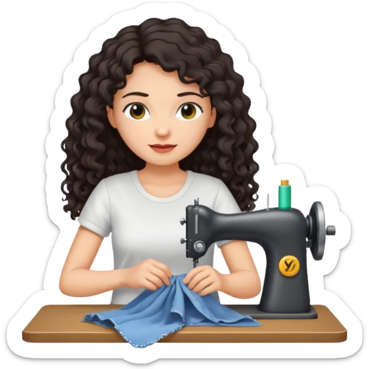 a woman with long curly dark hair sewing clothes wearing a white t shirt sticker