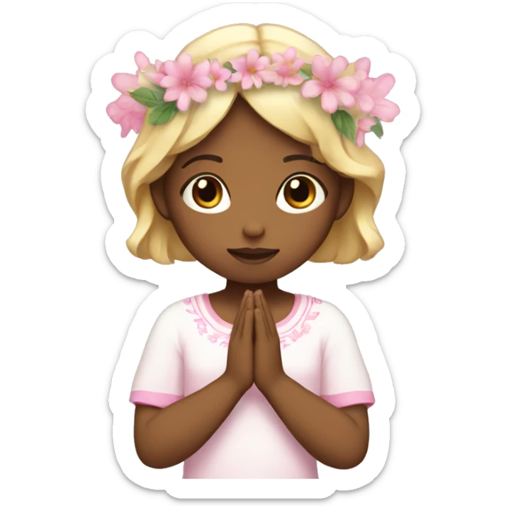 white with blonde hair praying girl with pink flora in hands and floral crown sticker
