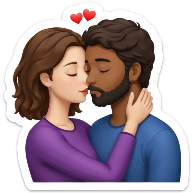White woman (brown hair with eyes closed) kissing the top of the head (forehead) of brown man with black wavy hair (has a a beard with his eyes closed too) sticker