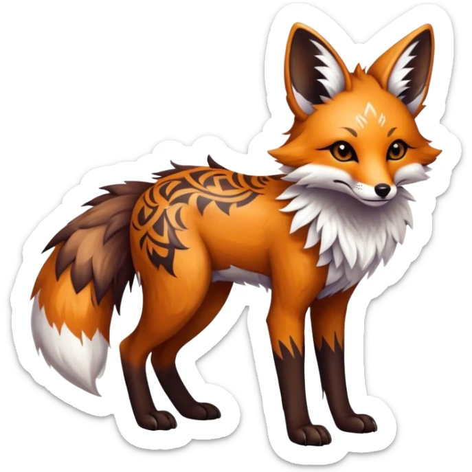 Epic Feral Rare Fantasy shiny cool fluffy Vernid-Trico-Fox-species-hybrid-animal by LiLaiRa, tribal-Art-tattoo-patterns , tufted ears, full body sticker