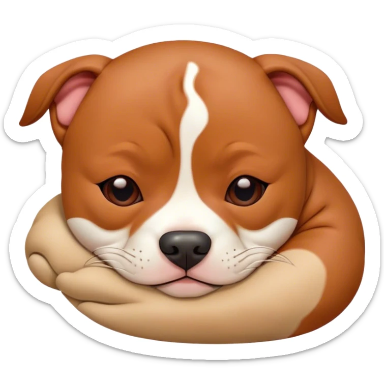 Meme-Worthy Cute Sleeping Red/Fawn Staffordshire Bull Terrier Portrait Emoji, Head resting peacefully with a contented smile, showcasing a delightfully compact build and a luxuriously soft red/fawn Fur with subtle white highlights, eyes shut in a serene nap, Simplified yet hilariously adorable features, highly detailed, glowing with a soft, drowsy light, high shine, relaxed and utterly lovable, stylized with an air of playful laziness, bright and heartwarming, soft glowing outline, capturing the essence of a comically sleepy guardian, so meme-worthy it feels like it could instantly become the next viral sensation of adorable slumber! sticker