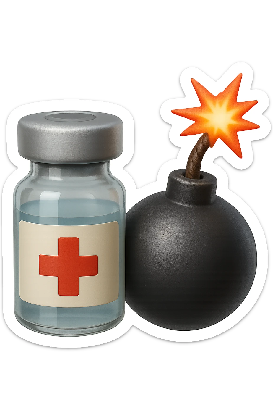 emoji stile iphone 3d di una fiala medica con una bomba vicino, fluttuano in aria insieme, FALLO MOLTO REALISTICO IN 3D sticker