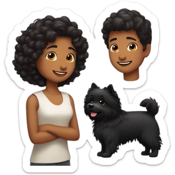 a little Men with Long curly black hair;a girl with short brown hair; and black spitz dog sticker