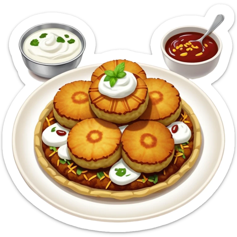 Aloo Tikki Chaat, Indian street food with potato patties, yogurt, and chutneys sticker