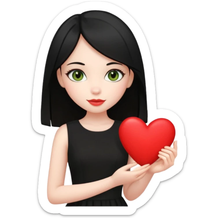 Pale girl with straight black hair and olive green eyes soft smile wearing black dress and holding a heart sticker