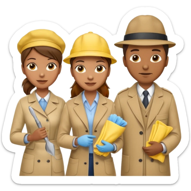 A cleaning Lady with Brown hair, high ponytail and yellow cleaning gloths is Talking to a Detektive (a man) with beige had, a beige coap and he is interviewing the cleaning Lady sticker