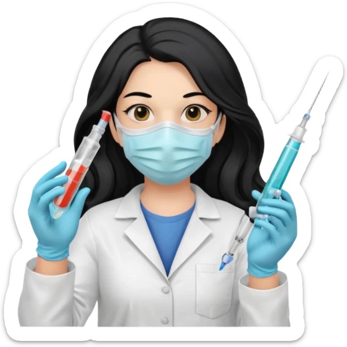 laboratorista con guantes  y mascarilla jeringa tubos  pelo negro largo triguella sticker