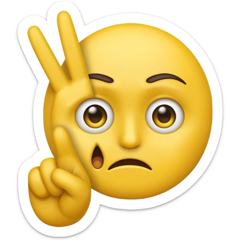 classic yellow emoji face holding up a peace sign with one hand, facial expression mostly sad with a hint of anger in the eyes or eyebrows sticker