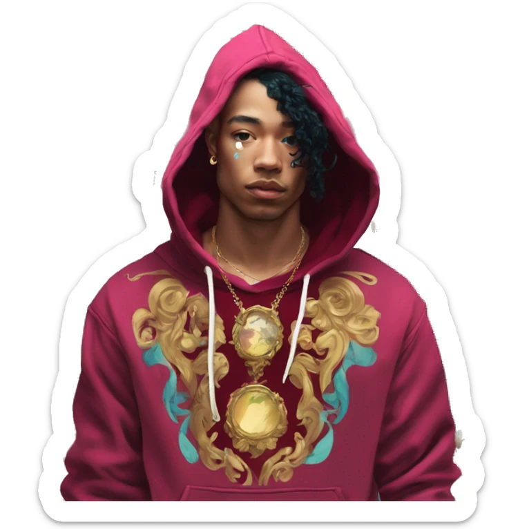 Vintage painting swirls gold jewellery baroque raven wings angel tropical Deep pink maroon burgundy cyan dark hoodie man vitiligo dyed hair gold piercings nose piercing ear piercings sticker